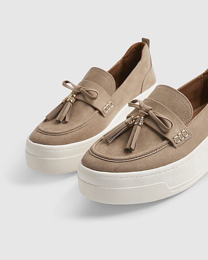 Beige Faux Suede Platform Tassel Trainers