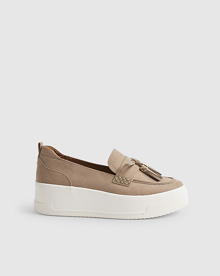 Beige Faux Suede Platform Tassel Trainers