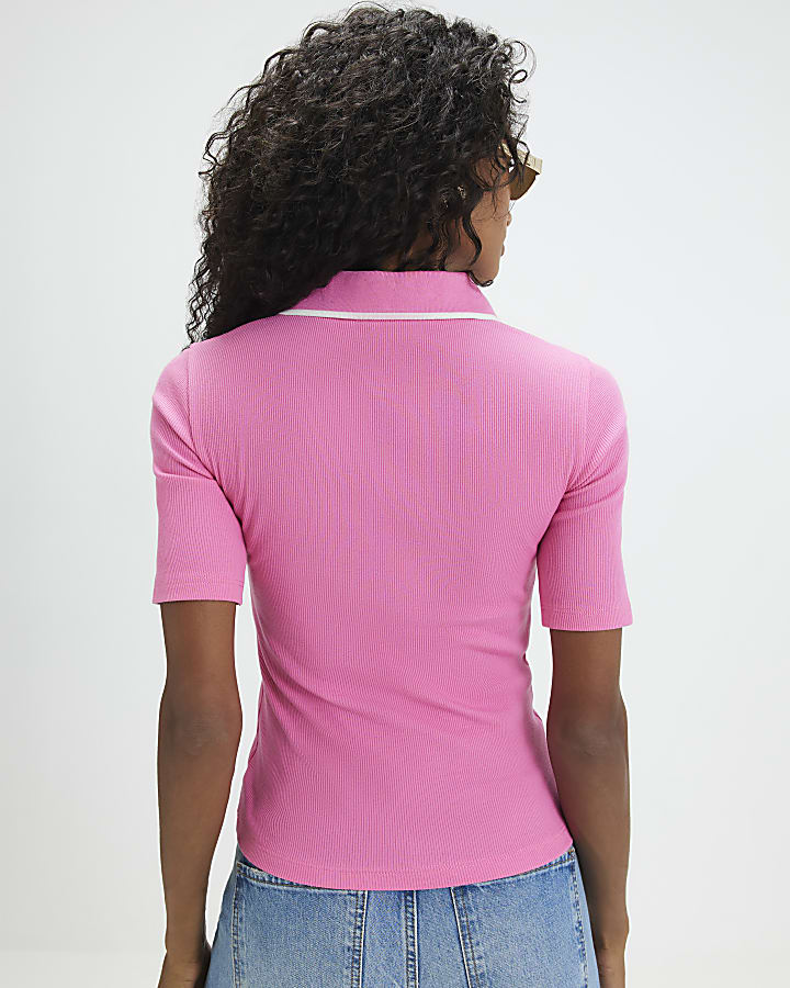 Pink Ribbed Polo Top