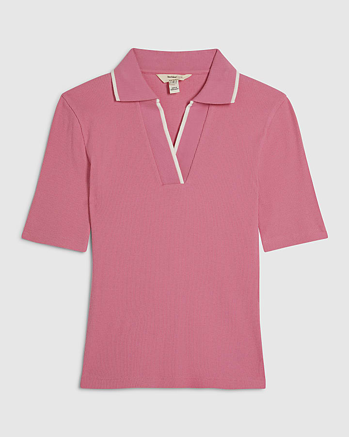 Pink Ribbed Polo Top