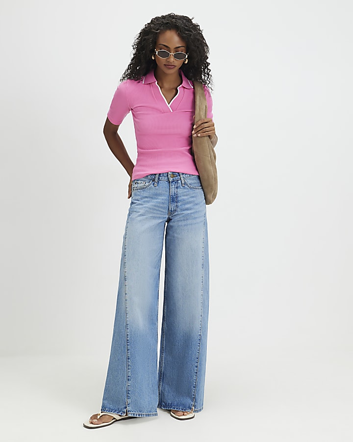 Pink Ribbed Polo Top