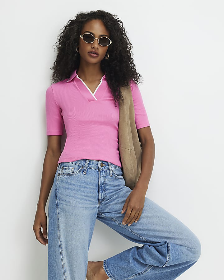 Pink Ribbed Polo Top