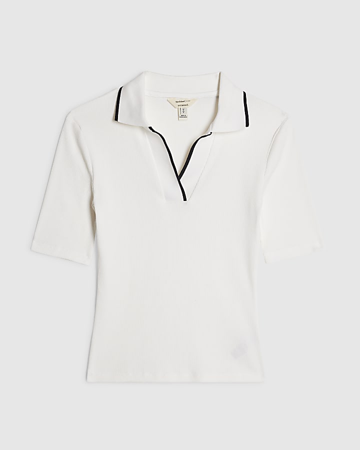 White Ribbed Polo Top