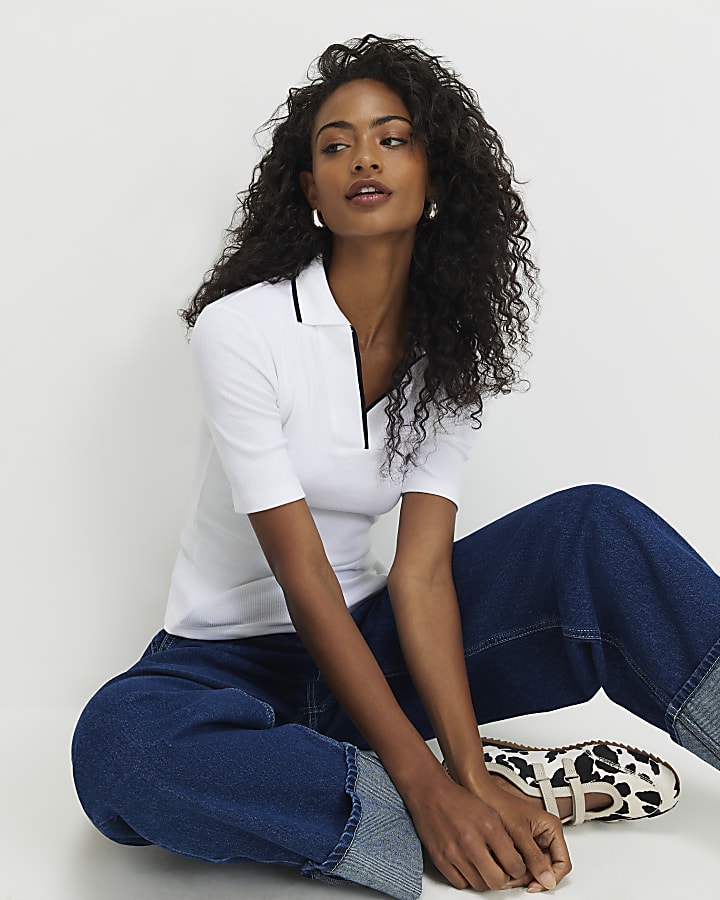 White Ribbed Polo Top