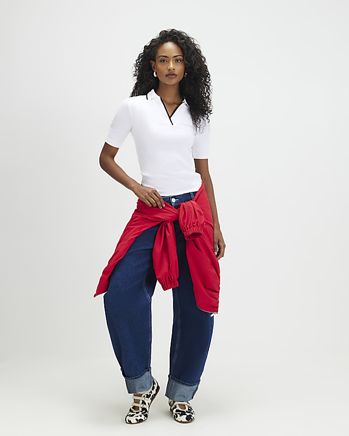 White Ribbed Polo Top