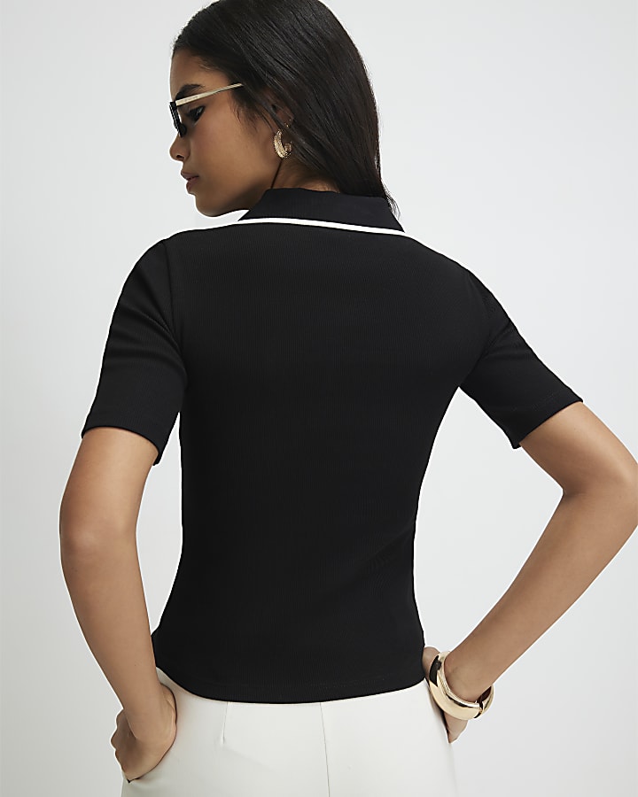 Black Ribbed Polo Top