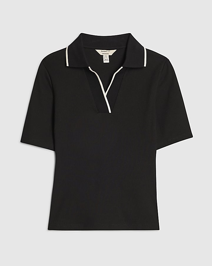 Black Ribbed Polo Top