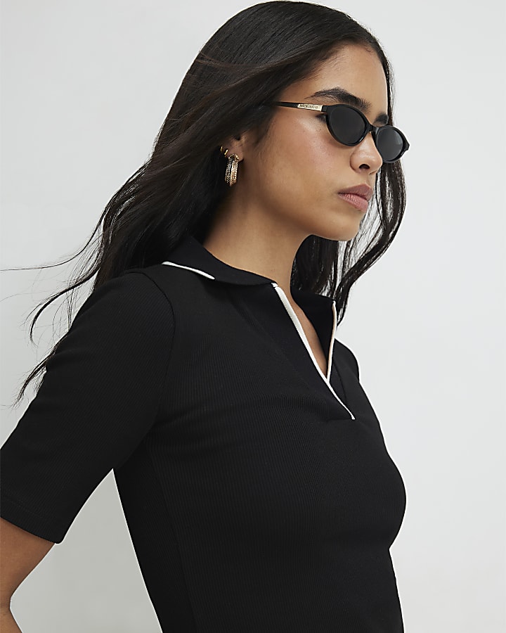Black Ribbed Polo Top