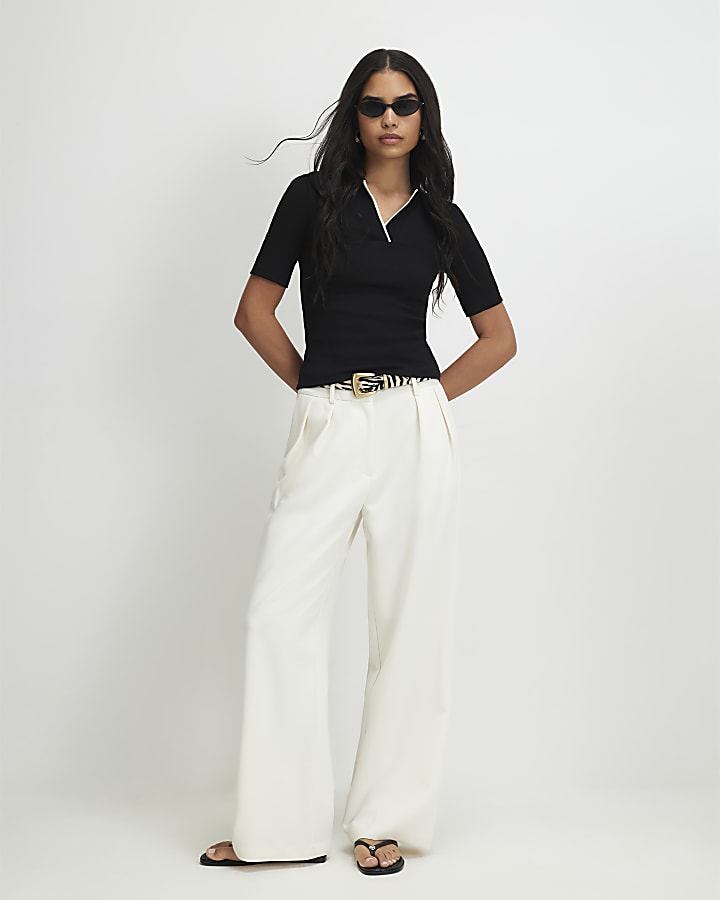 Black Ribbed Polo Top