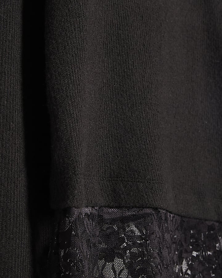 Black Long Sleeve Lace Hem Asymmetric Top