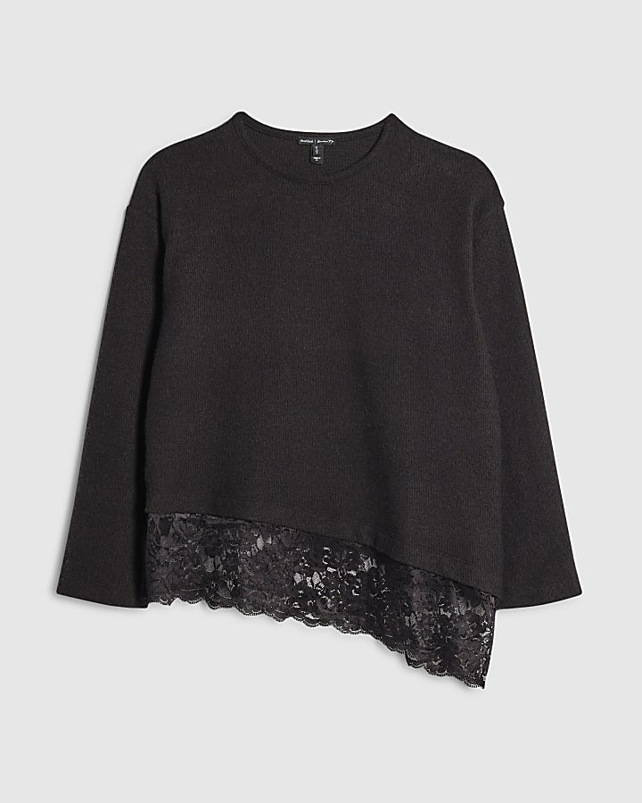 Black Long Sleeve Lace Hem Asymmetric Top