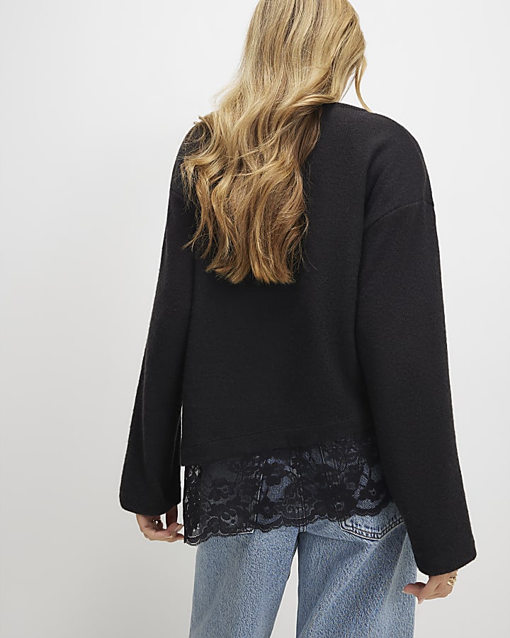 Black Long Sleeve Lace Hem Asymmetric Top