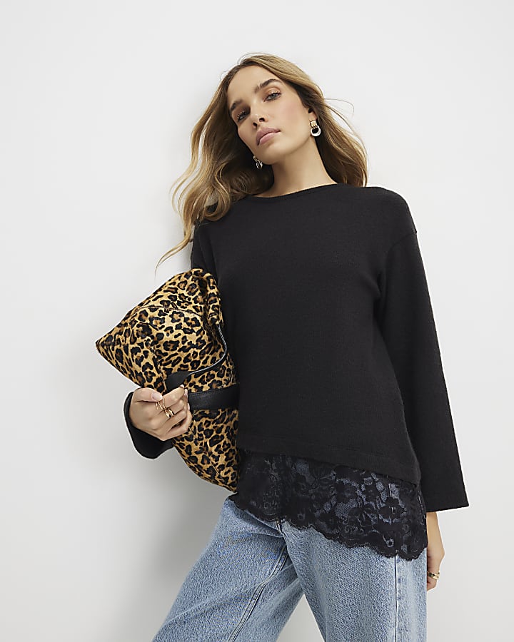 Black Long Sleeve Lace Hem Asymmetric Top