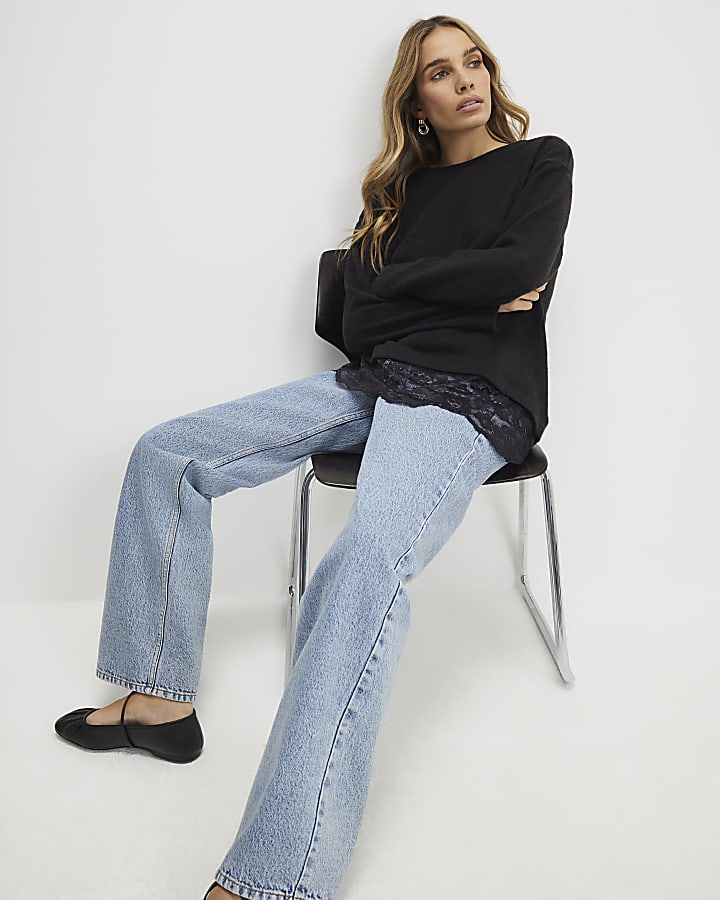 Black Long Sleeve Lace Hem Asymmetric Top