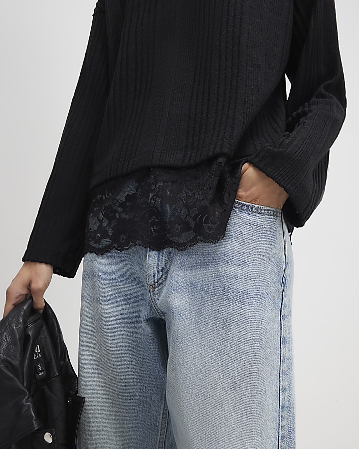 Black Long Sleeve Lace Hem Cosy Top
