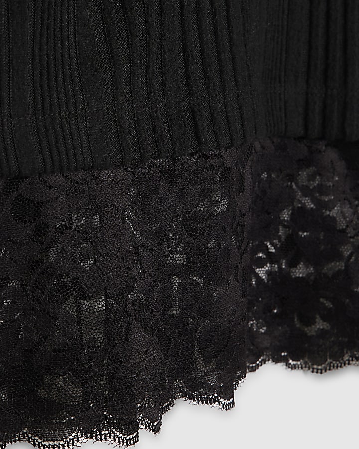 Black Long Sleeve Lace Hem Cosy Top