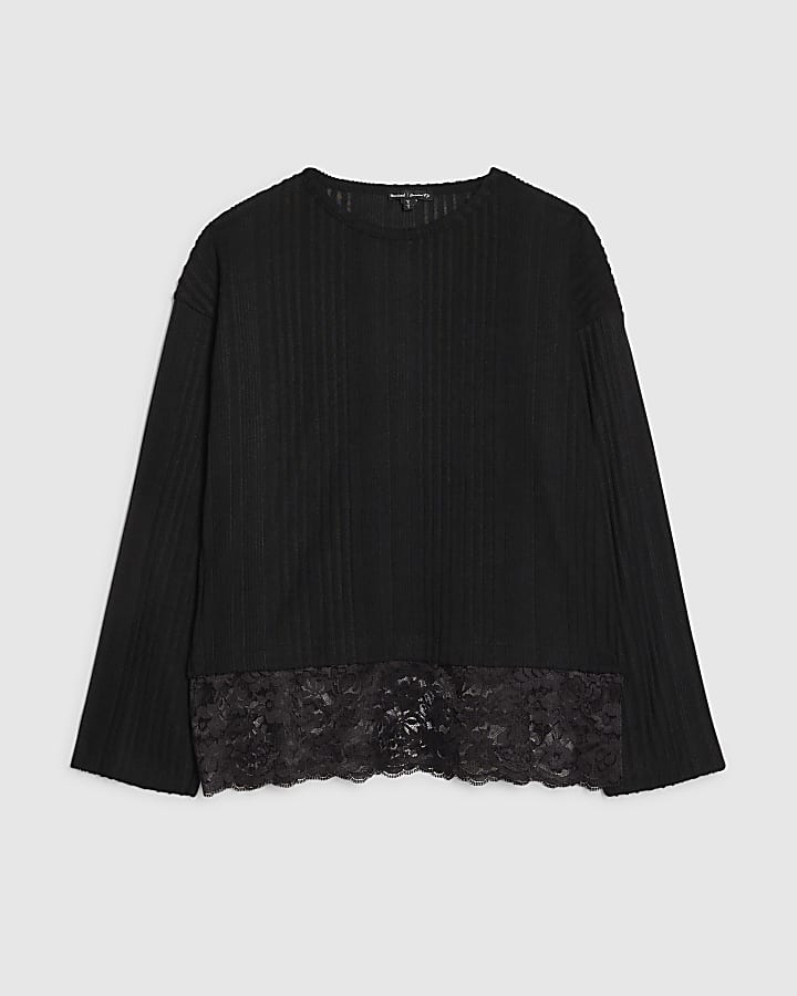 Black Long Sleeve Lace Hem Cosy Top