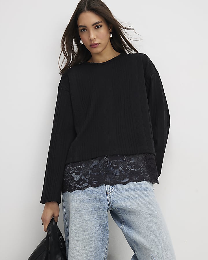 Black Long Sleeve Lace Hem Cosy Top