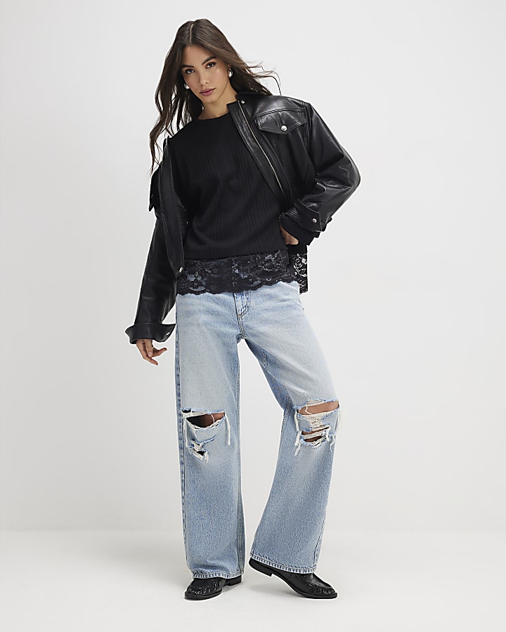 Black Long Sleeve Lace Hem Cosy Top