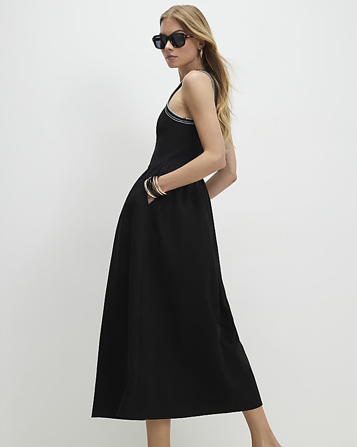 Black Sleeveless Whipstitch Midi Dress