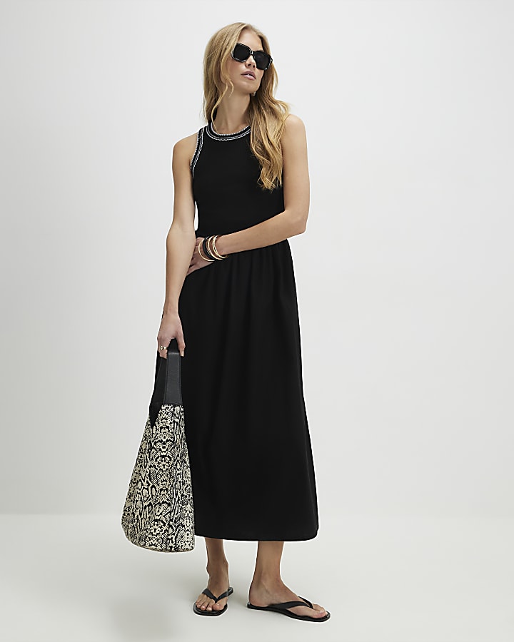 Black Sleeveless Whipstitch Midi Dress