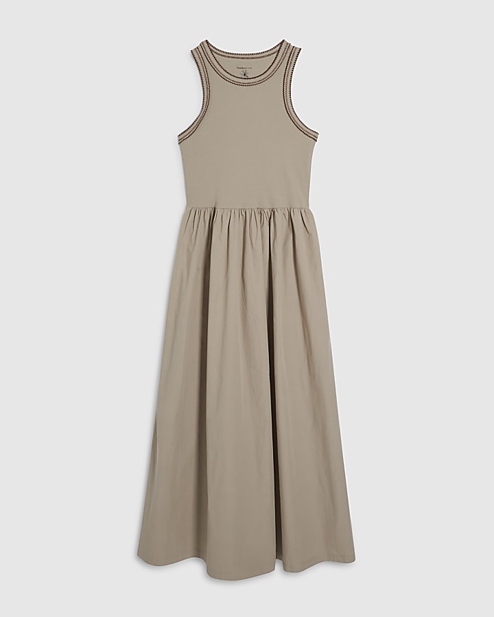 Beige Sleeveless Whipstitch Maxi Dress