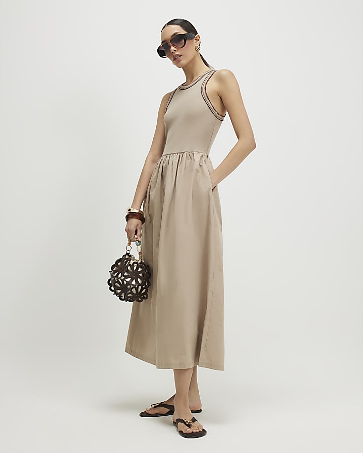 Beige Sleeveless Whipstitch Maxi Dress