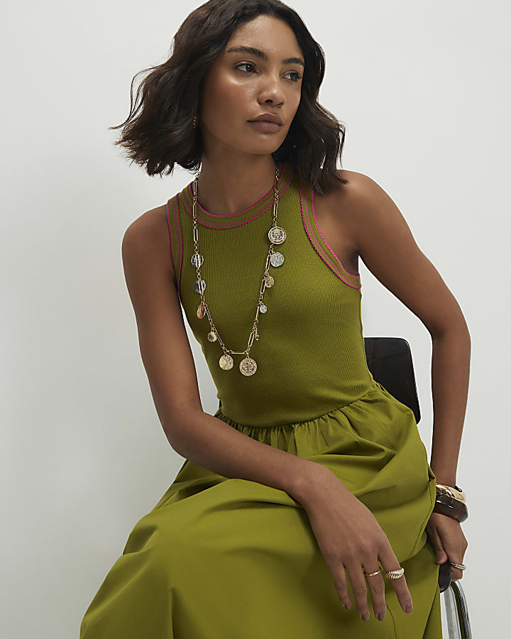 Green Sleeveless Whipstitch Maxi Dress