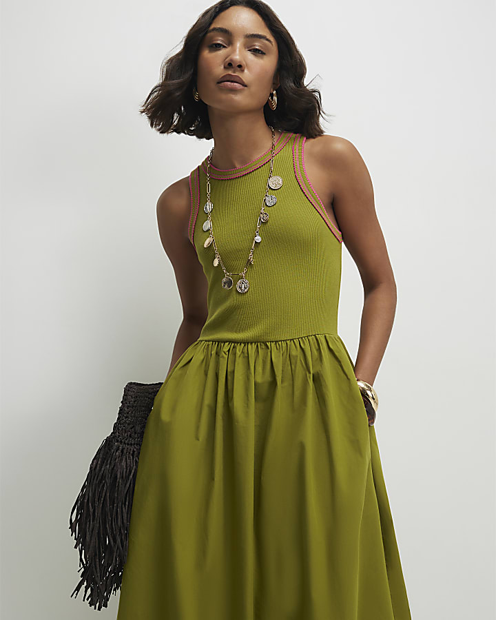 Green Sleeveless Whipstitch Maxi Dress