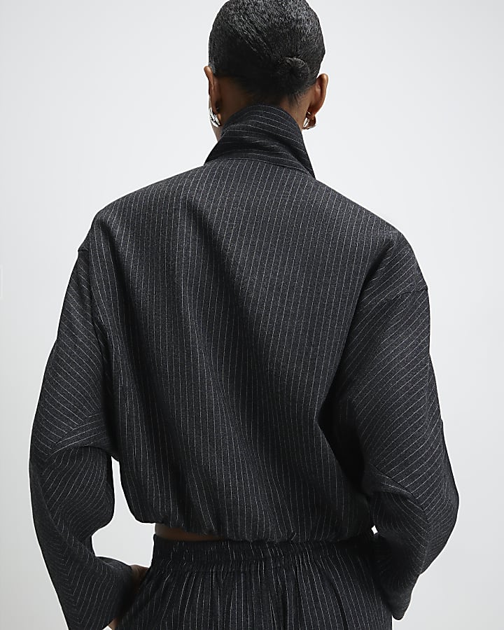 Grey Pinstripe Funnel Neck Bomber Jacket