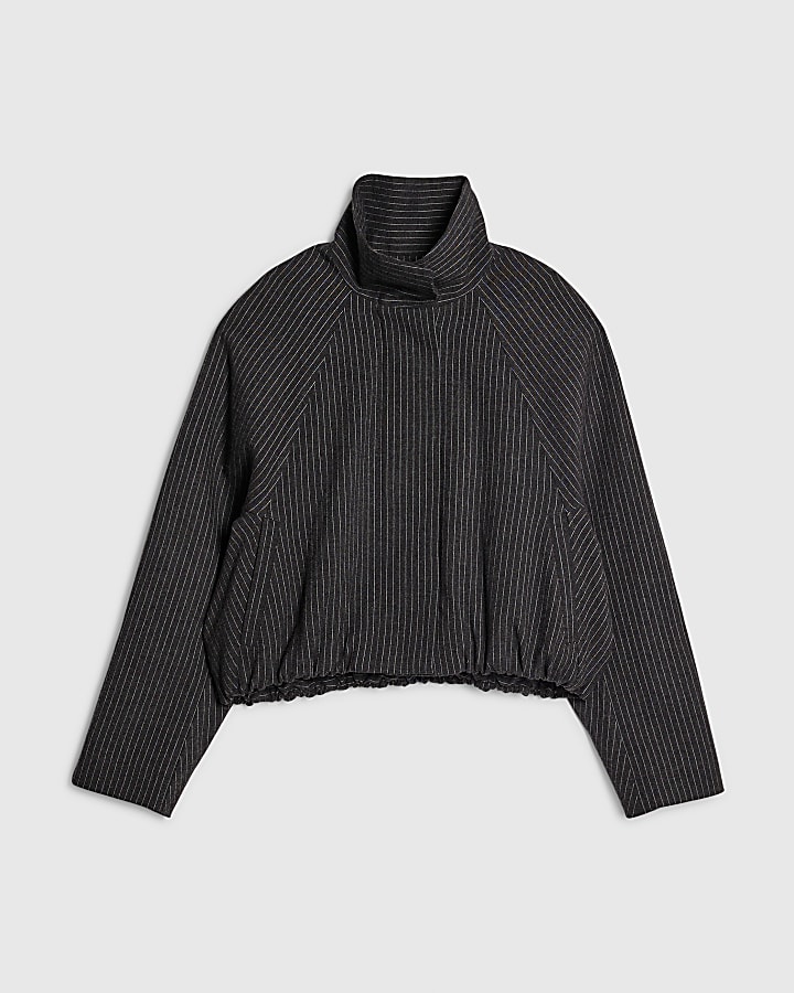 Grey Pinstripe Funnel Neck Bomber Jacket