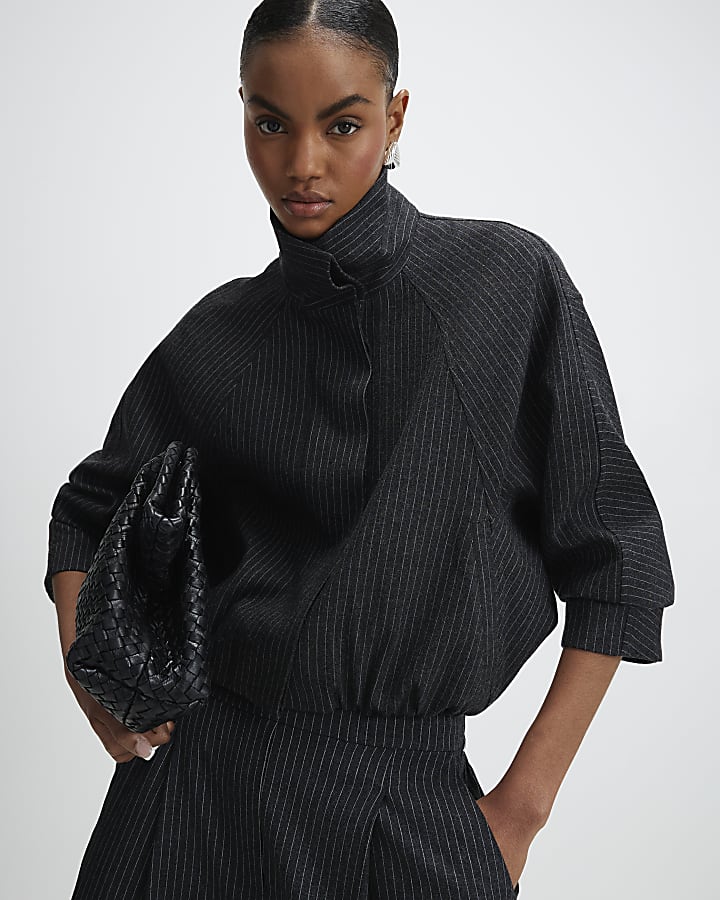 Grey Pinstripe Funnel Neck Bomber Jacket