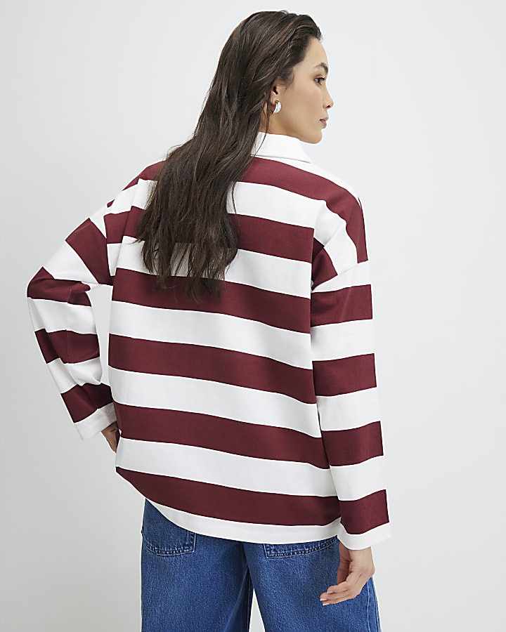 Red Long Sleeve Striped Rugby Top