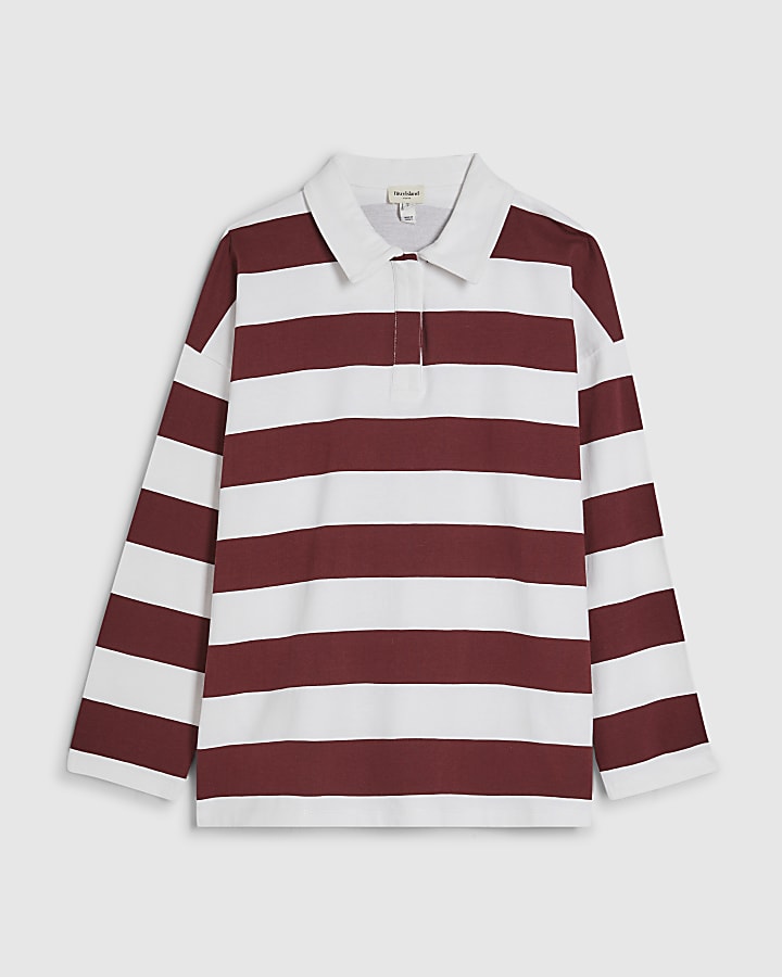 Red Long Sleeve Striped Rugby Top