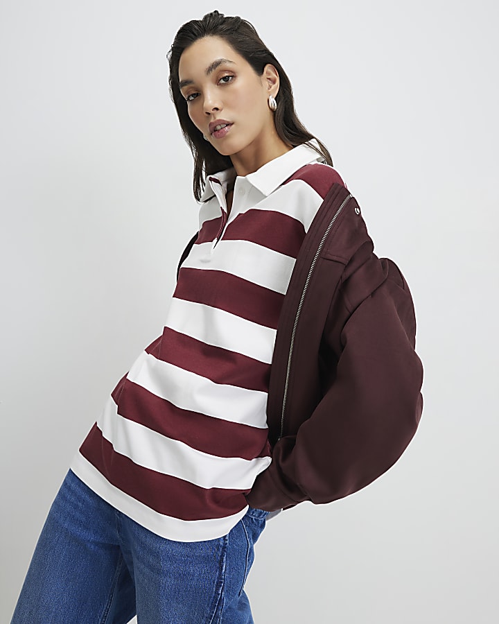 Red Long Sleeve Striped Rugby Top