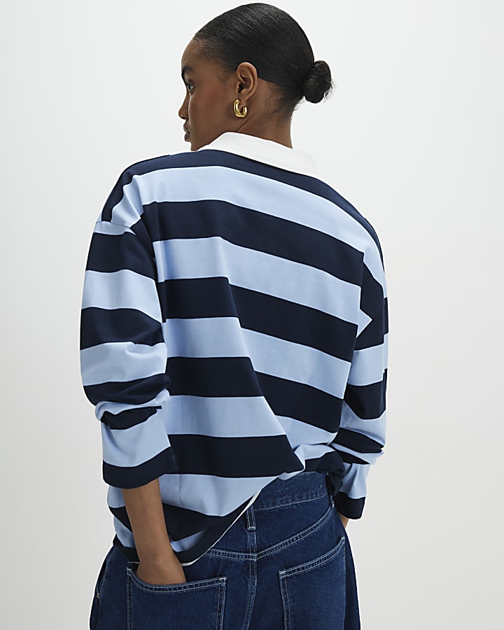 Navy Long Sleeve Striped Rugby Top