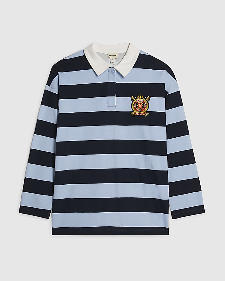 Navy Long Sleeve Striped Rugby Top