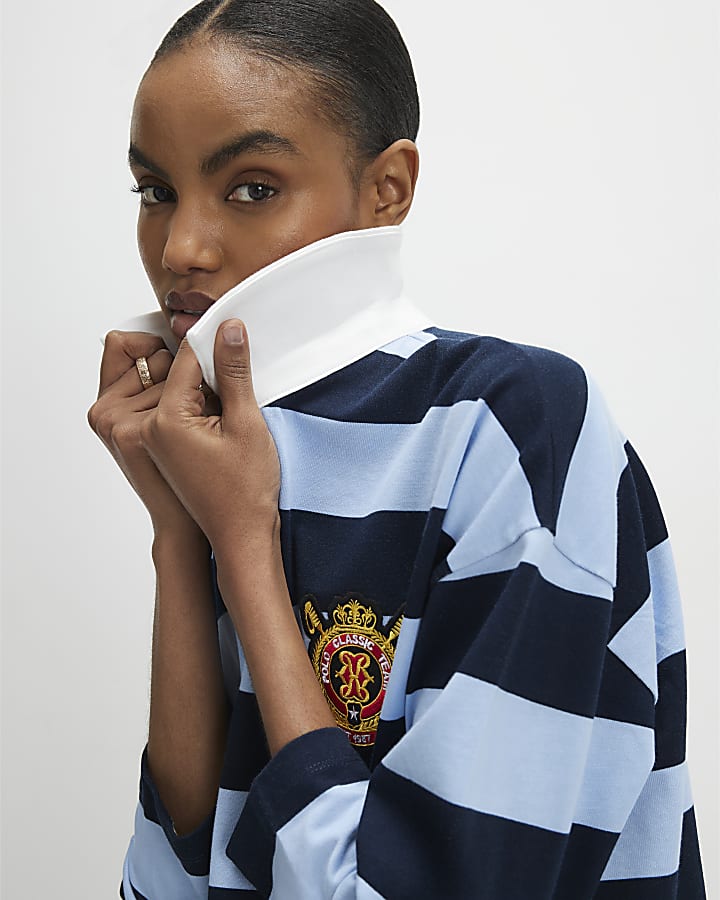 Navy Long Sleeve Striped Rugby Top
