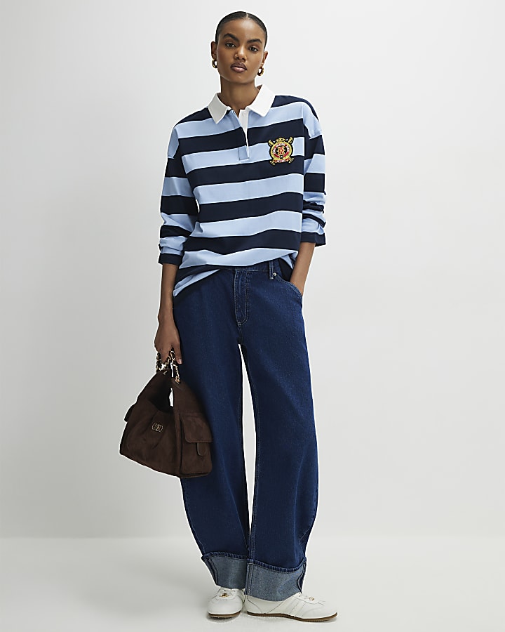 Navy Long Sleeve Striped Rugby Top