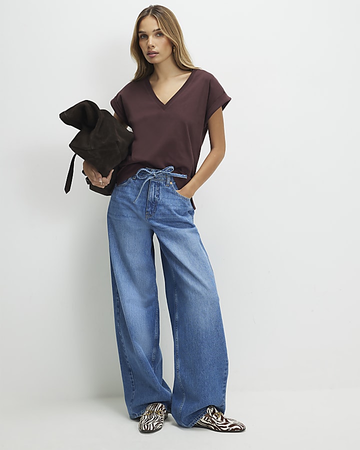 Brown Short Sleeve V Neck Top