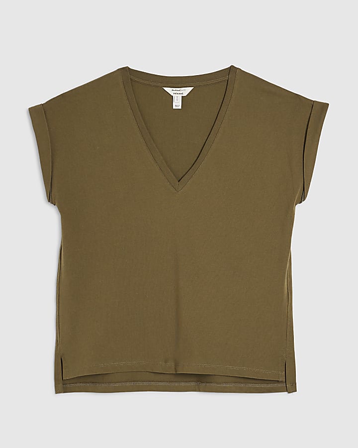 Khaki Short Sleeve V Neck Top