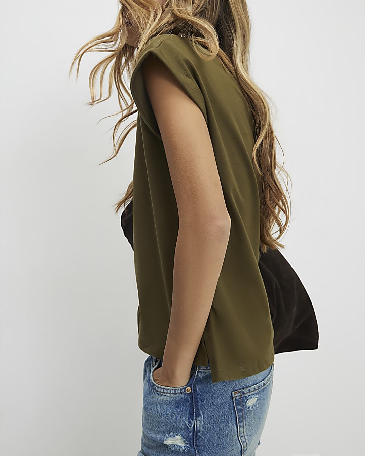 Khaki Short Sleeve V Neck Top
