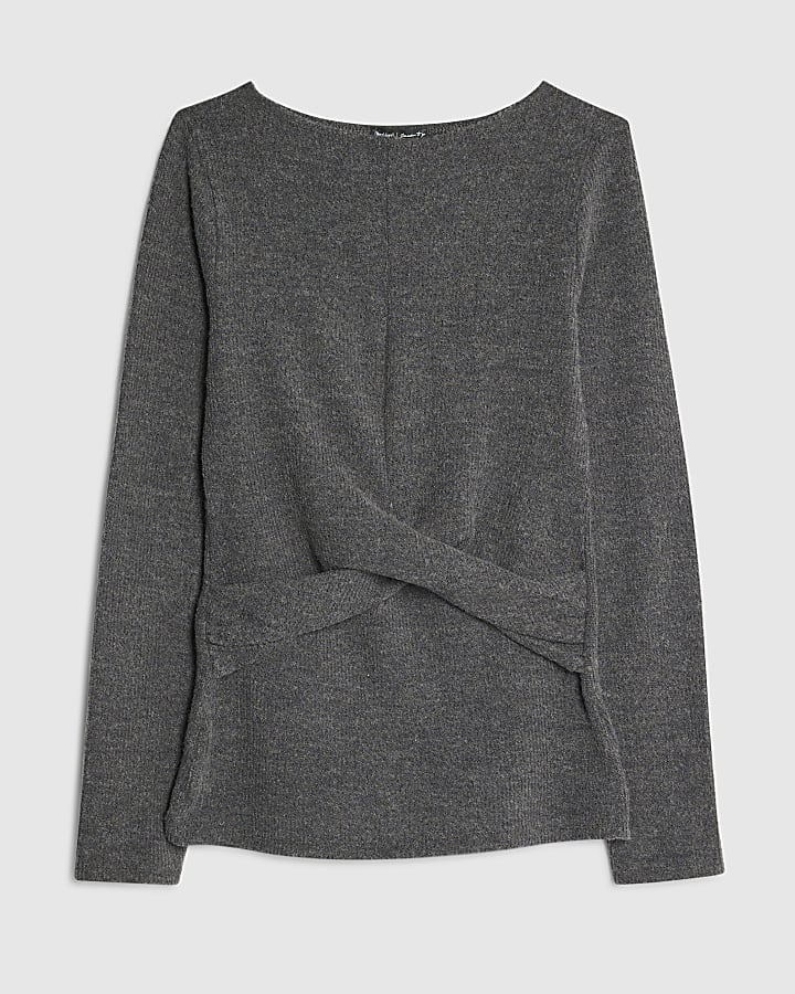 Grey Long Sleeve Twist Front Cosy Top