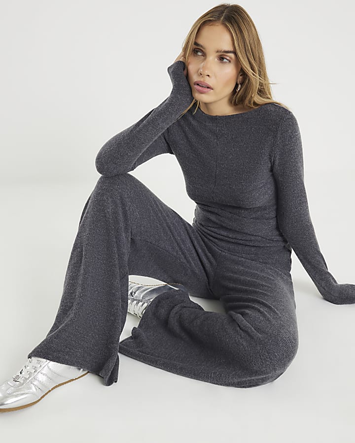 Grey Long Sleeve Twist Front Cosy Top