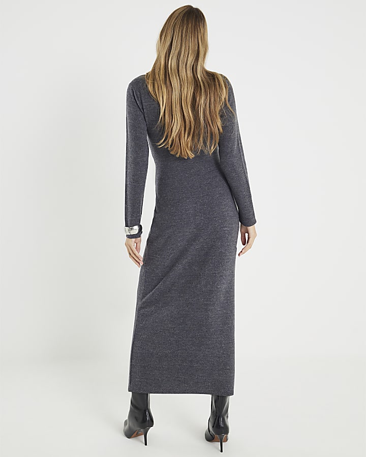 Grey Long Sleeve Cosy Twist Front Midi Dress
