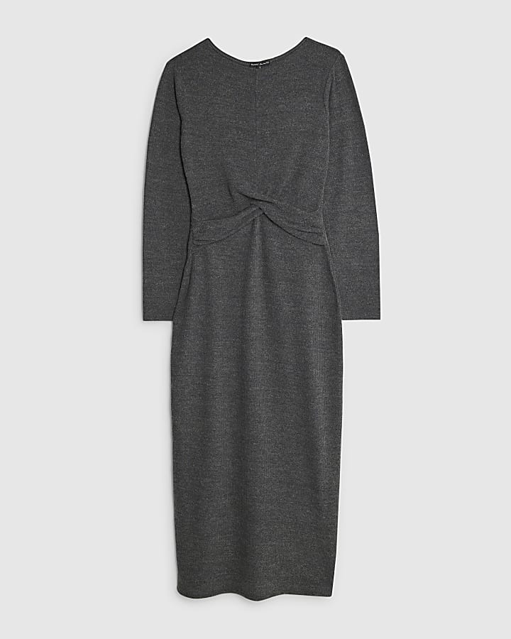 Grey Long Sleeve Cosy Twist Front Midi Dress