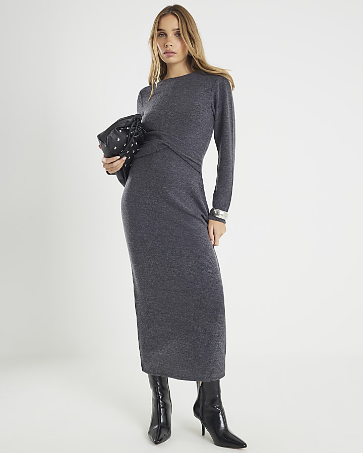 Grey Long Sleeve Cosy Twist Front Midi Dress