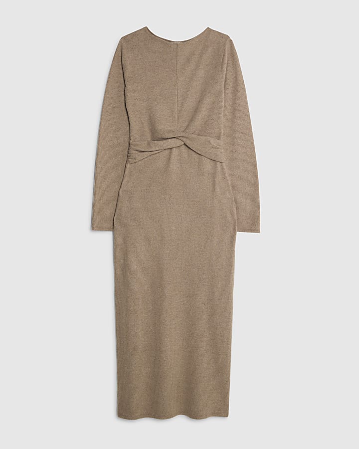 Brown Cosy Twist Front Midi Dress