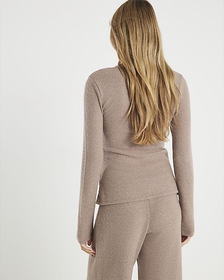 Brown Cosy Long Sleeve Twist Front Top