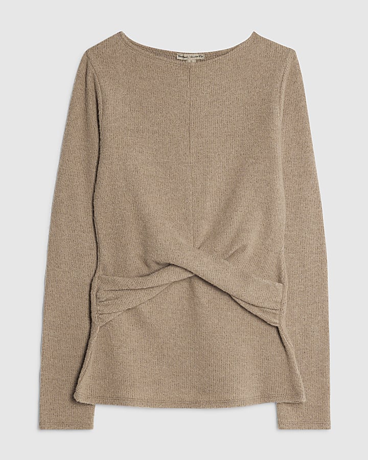 Brown Cosy Long Sleeve Twist Front Top